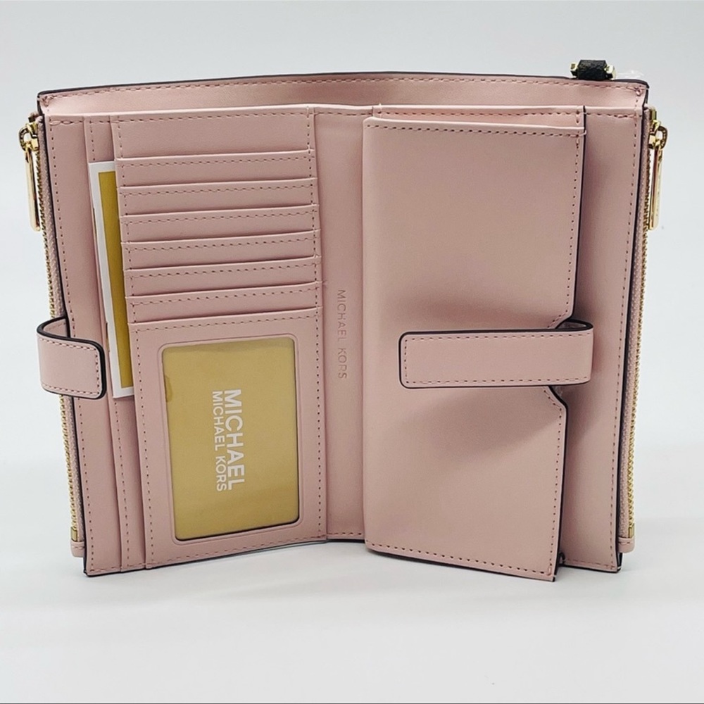 Michael Kors Large Double Zip Wallet Wristlet Leather Rich Brown/Light Pink - Picture 6 of 8